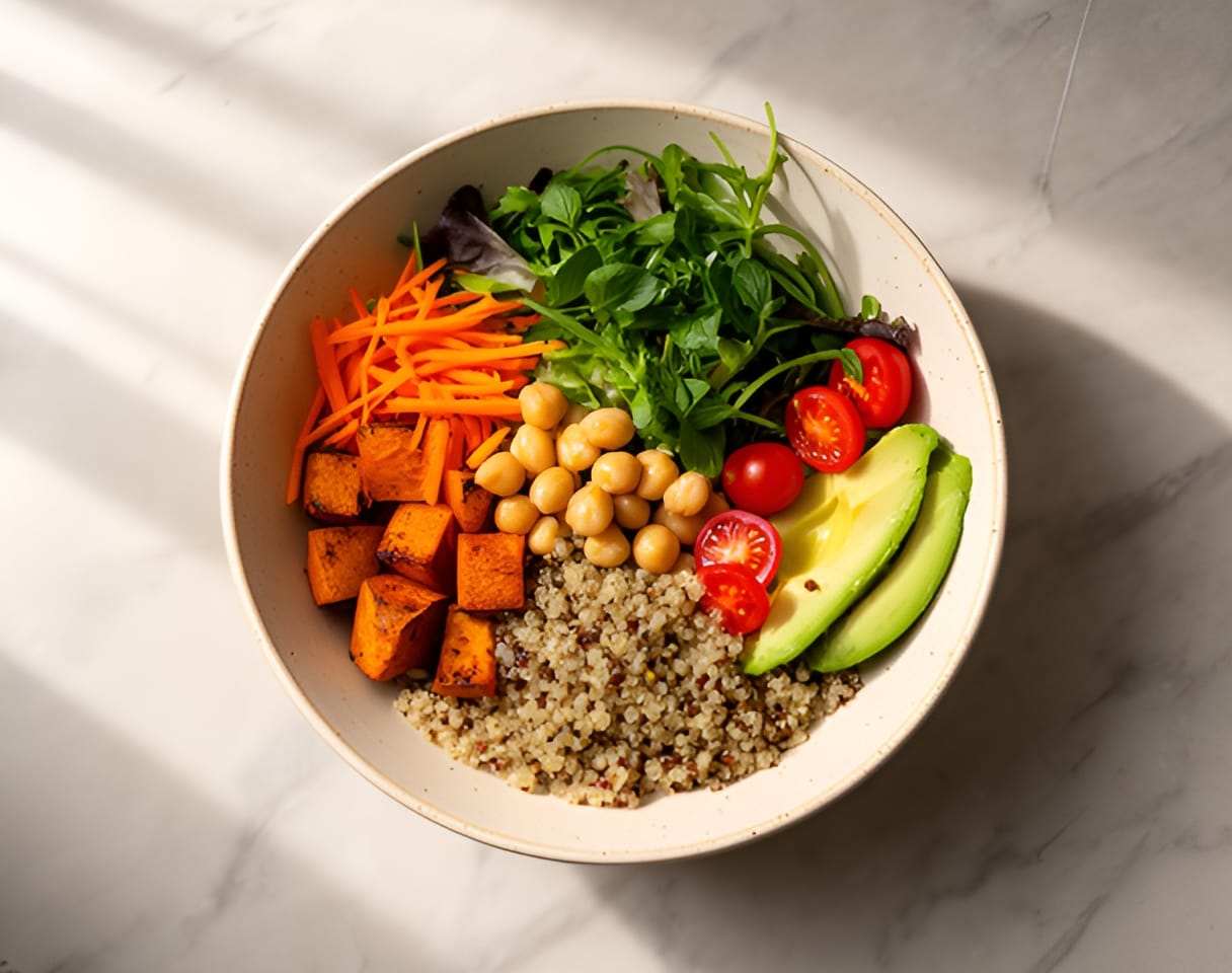 A fresh grain bowl with roasted squash, chickpeas and avocado